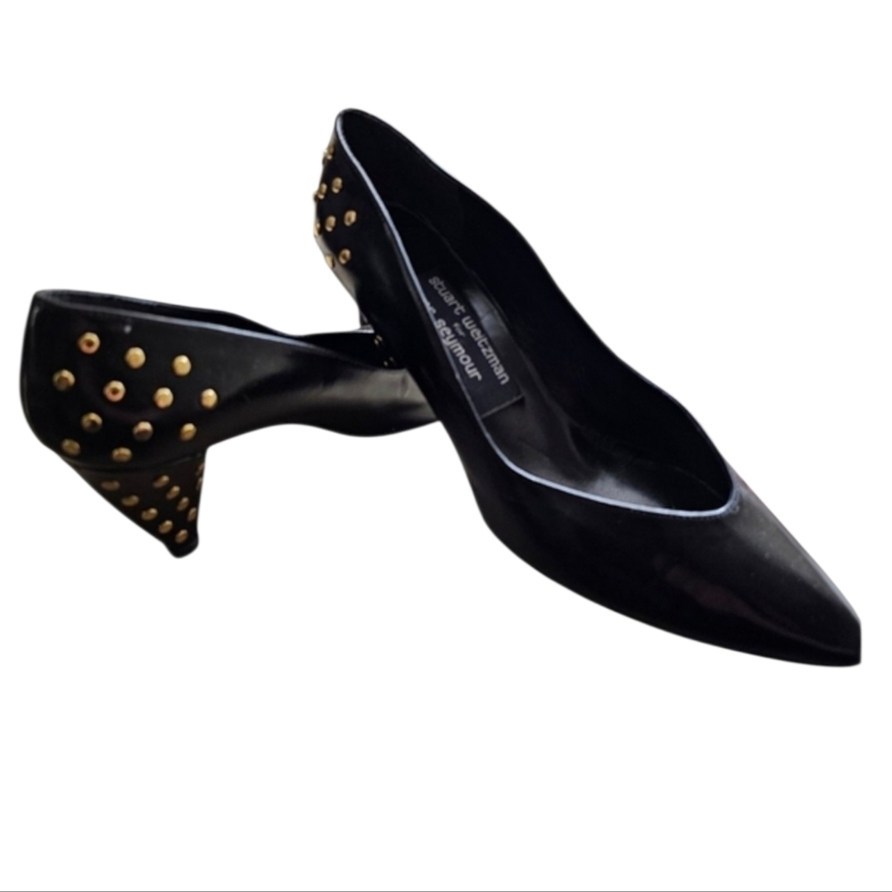 Stuart Weitzman Mr Seymour Vintage NWOB Studded Heel Pumps Black Leather  7.5